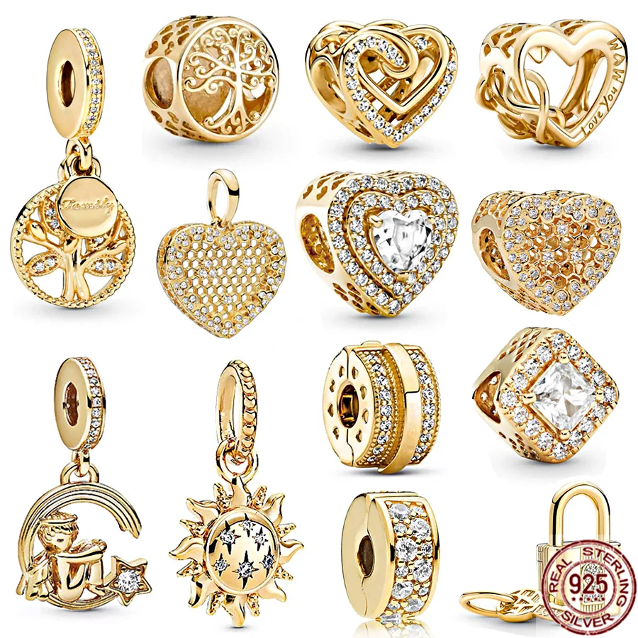 Gold Plated Sparkling Leveled Hearts Square Halo Family Tree Dangle Charm Jewelry Beads Fit Original Pandora Silver 925 Bracelet