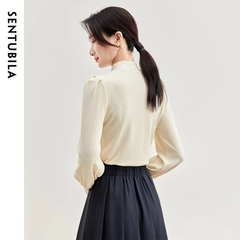 SENTUBILA Cotton Knit Slim Fit Pullovers Women 2025 Spring Hight Collar Pearl Chain Lanter Sleeve Elegant Tops Ladies 143H56768X 2