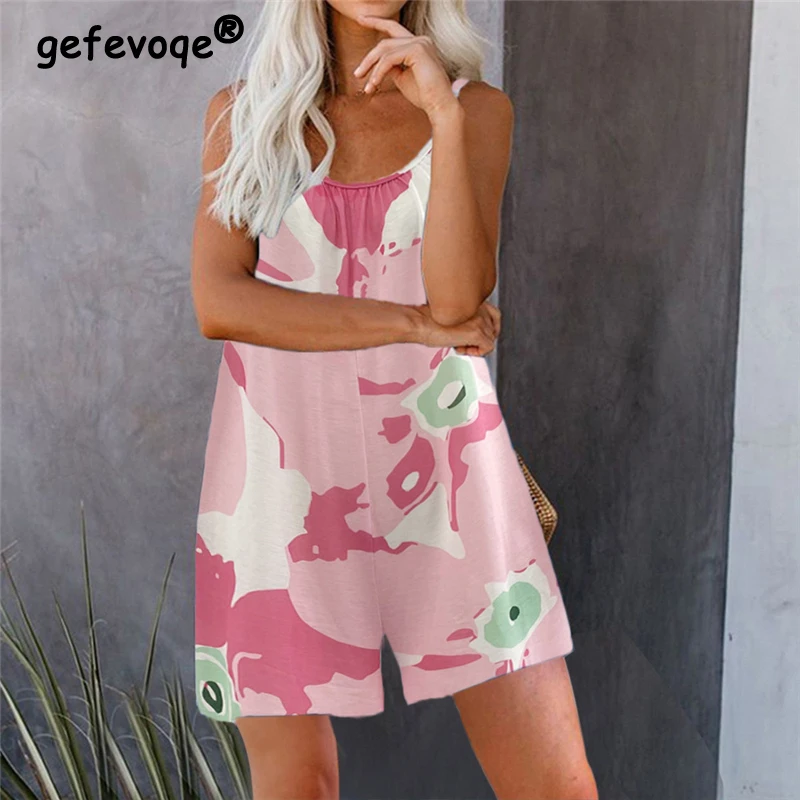 Women Summer Trendy Vintage Print Sleeveles Straight Jumpsuit Shorts Y2K Casual Loose Pockets Beach Rompers Outfit Ropa De Mujer
