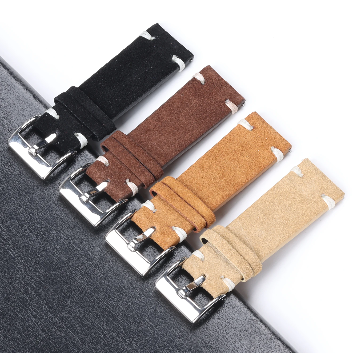 Vintage-Style Suede Leather Watch Strap with Handmade Stitching