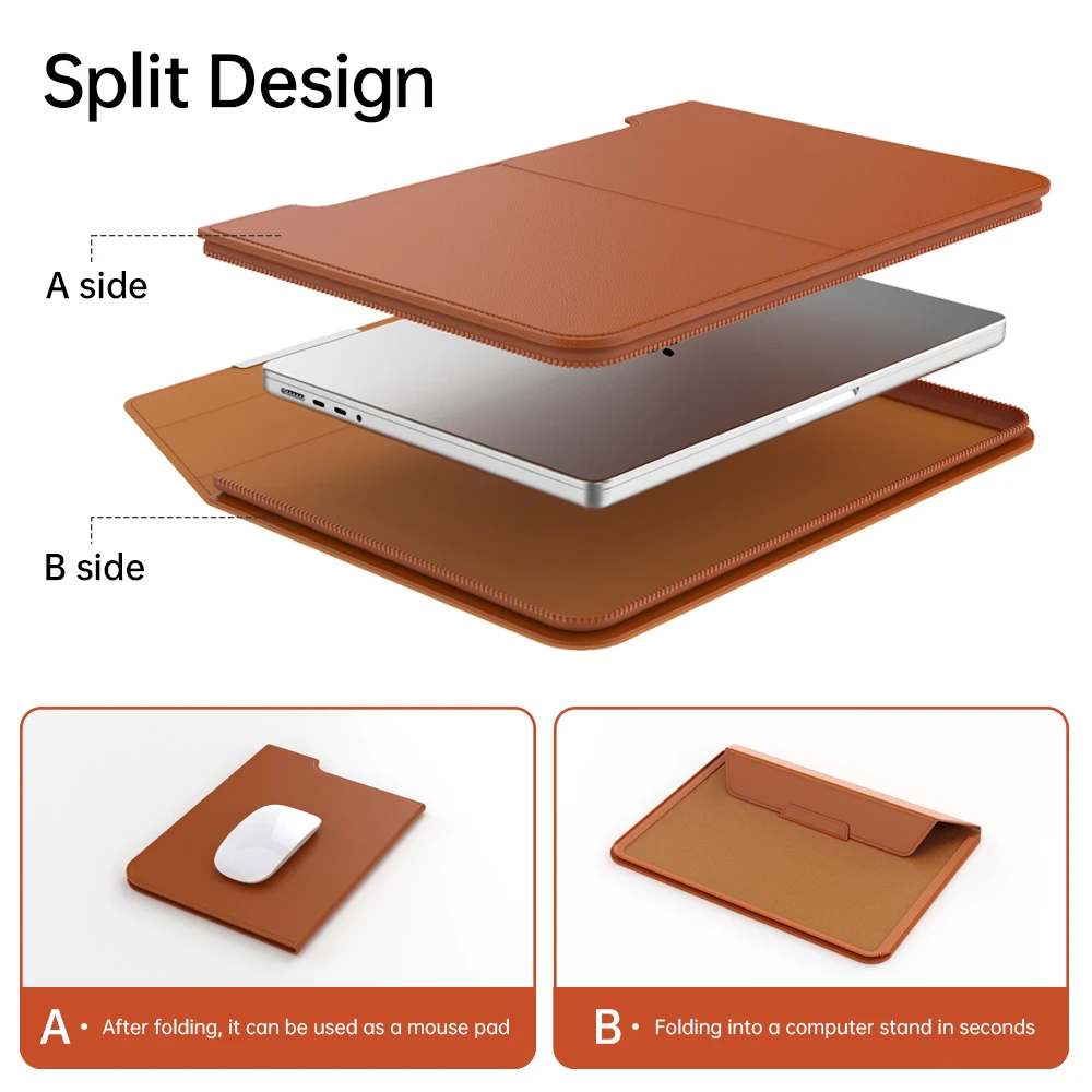 Premium PU Leather Laptop Sleeve Case with Built-In Stand