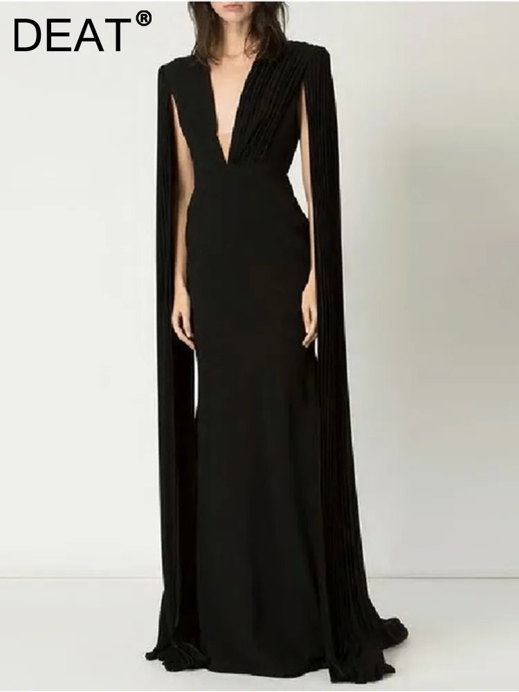 

DEAT Women's Evening Party Dress Deep V-neck Cloak Sleeves Patchwork Zipper Waist White Fashion Dresses Autumn 2023 New 13DB190