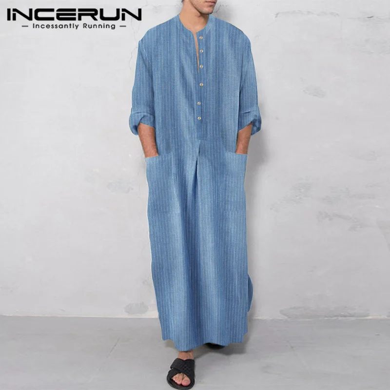 

Men Muslim Kaftan Striped Retro Robes O-neck Long Sleeve Jubba Thobe Pockets Islamic Arabic 2023 Caftan Men Abaya S-5XL INCERUN