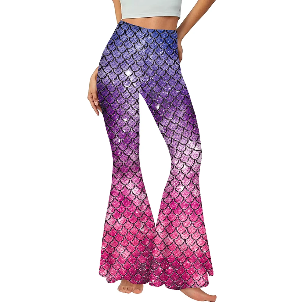 Nadanbao Pink Mermaid Flare Pants for Women Fish Scales 3D Digital Print Trousers Fashion Casual Streetwear Spring Autumn Bottom