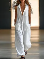 Gymystars Cotton Vintage Jumpsuits Women's Overalls Fashion Loose Pocket Design Elegant V-neck Sleeveless Romper Solid Overalls - Image 4