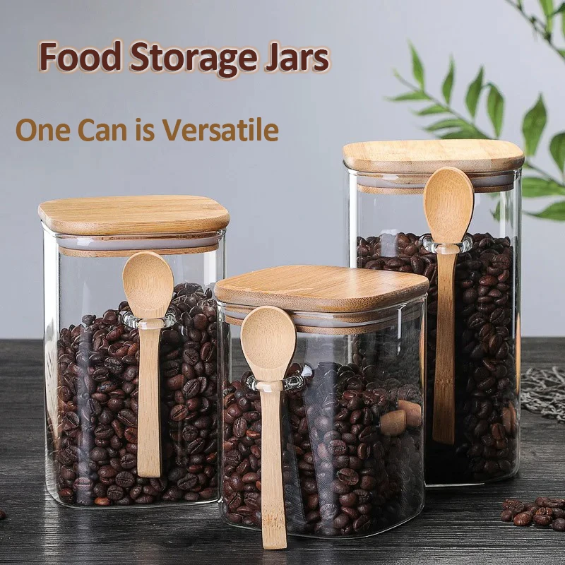 800ML/1000ML/1200ML Large Capacity Sealed Glass Jar with Wooden Spoon Square Household Storage Jar Seasoning Coffee Bean Storage