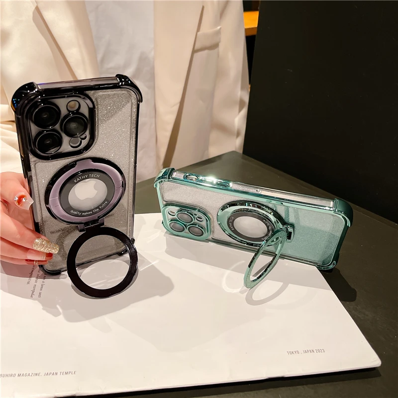 Luxury Magsafe Magnetic Flash Plating Phone Case with Stand and Lens Protection