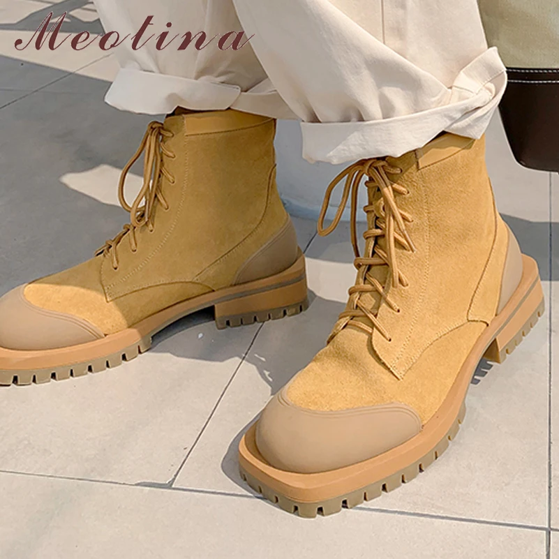 

Meotina Women Genuine Leather Ankle Boots Square Toe Platform Chunky Mid Heels Lace-up Short Boots Ladies Shoes Autumn Winter 40