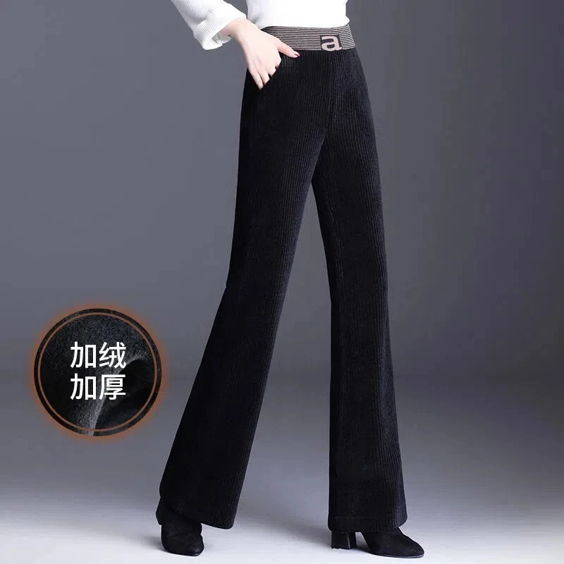 Women Patchwork High Waist Stretch Warm Pantalon Mom's Winter Corduroy Wide Leg Pants Plus Velvet Thicken Office Flare Trousers