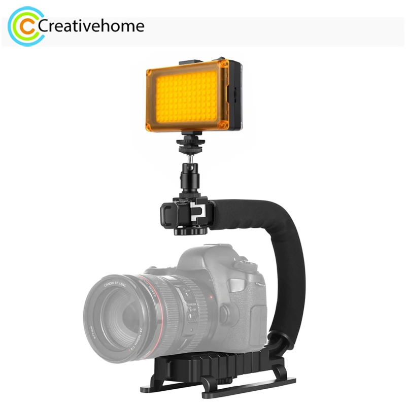 PULUZ C Shape Portable Handheld 1/4 inch Screw Bracket Stabilizer + LED Studio Light with Cold Shoe Tripod Head for SLR Cameras