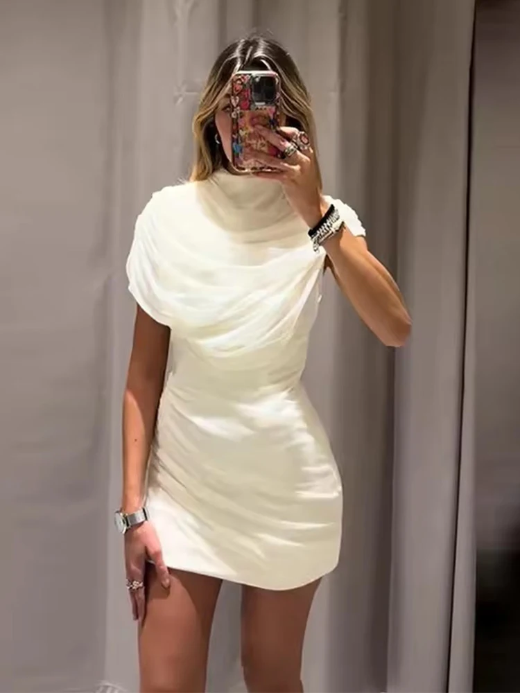 Elegant Women's White Mini Dress Ruched Bodycon Dresses Slim Fit Cocktail Party Dress Clubwear Stretchy Gown Fashion Outfit ﻿