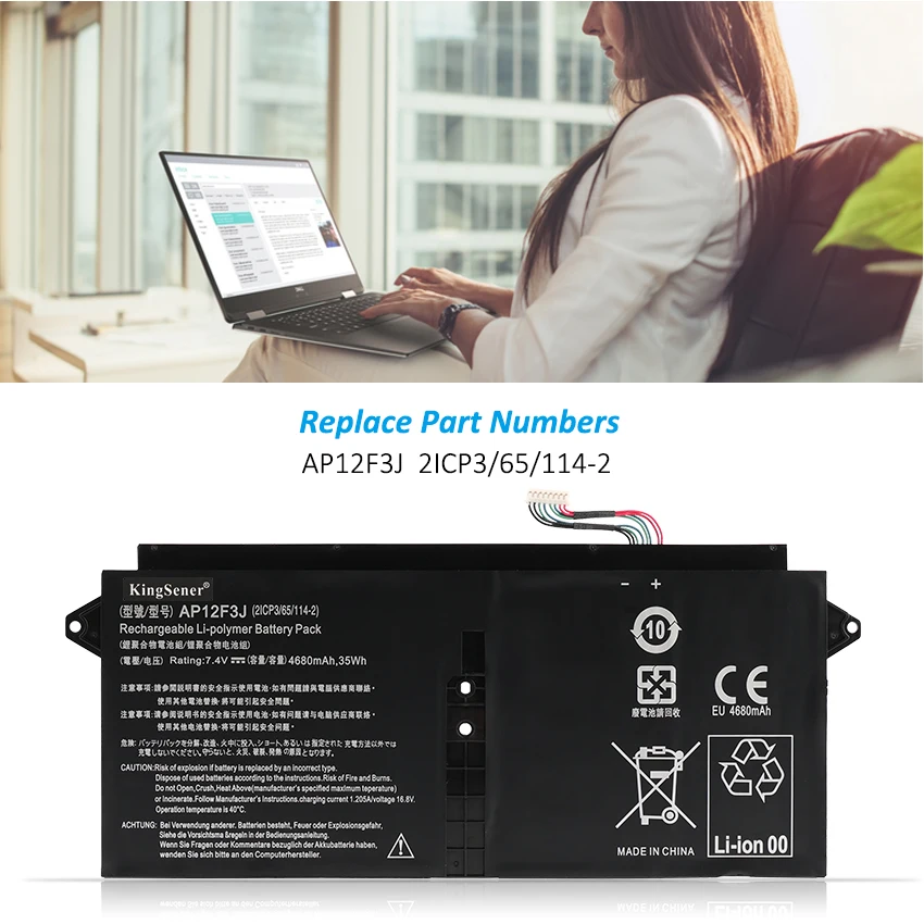 Kingsener-bateria para Notebook Ap12f3j 13.3 Polegadas Acer Aspire 65 114 Ultrabook s7 Edge 2icp3 7.42 Ap12f3j 4680 v Mah 35wh - Imagem 6