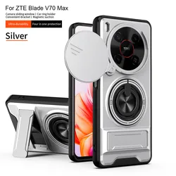 Shockproof Armor Phone Case with Ring Stand and Lens Protector for ZTE Nubia V70 Max 4G (Silver)
