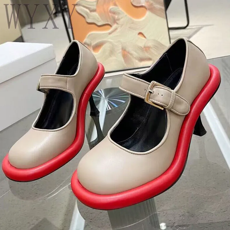 

Spring Autumn New Round Toe Women High Heel Mary Janes Shoes Real Leather Single Shoes Female Runway Party Dress Shoes For Women