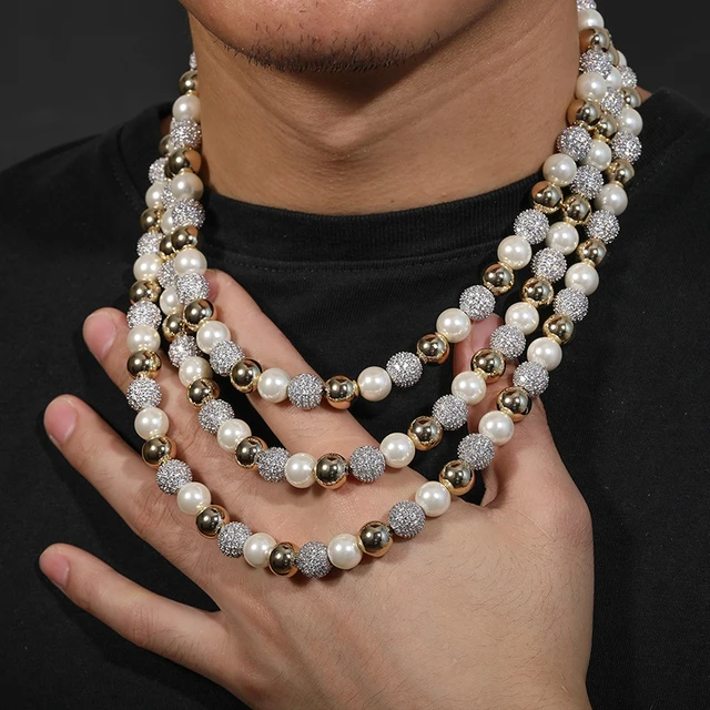 Imitation Pearl Men Necklace Hip Hop Bling Cubic Zircon Choker Chain - Image 6