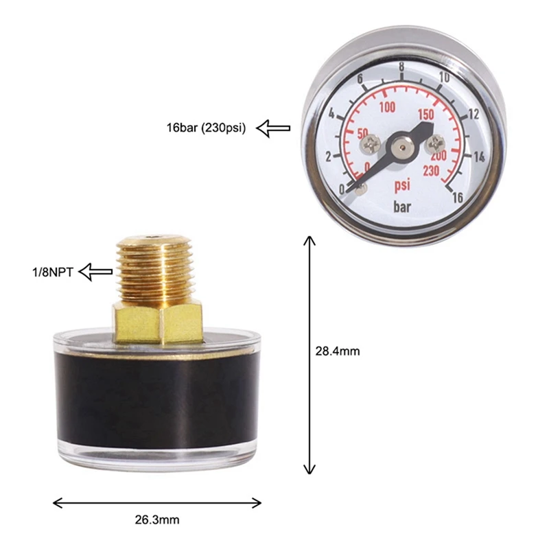 6X Scuba Diving PCP Air Mini Micro-Pressure Gauge Manometer Manometer 16Bar,1/8 NPT Thread