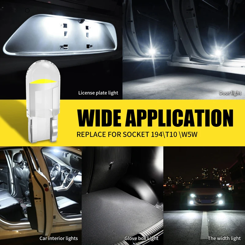 LED Lamp Bulb 10 Pcs T10 LED Socket W5W Glass COB 6000k