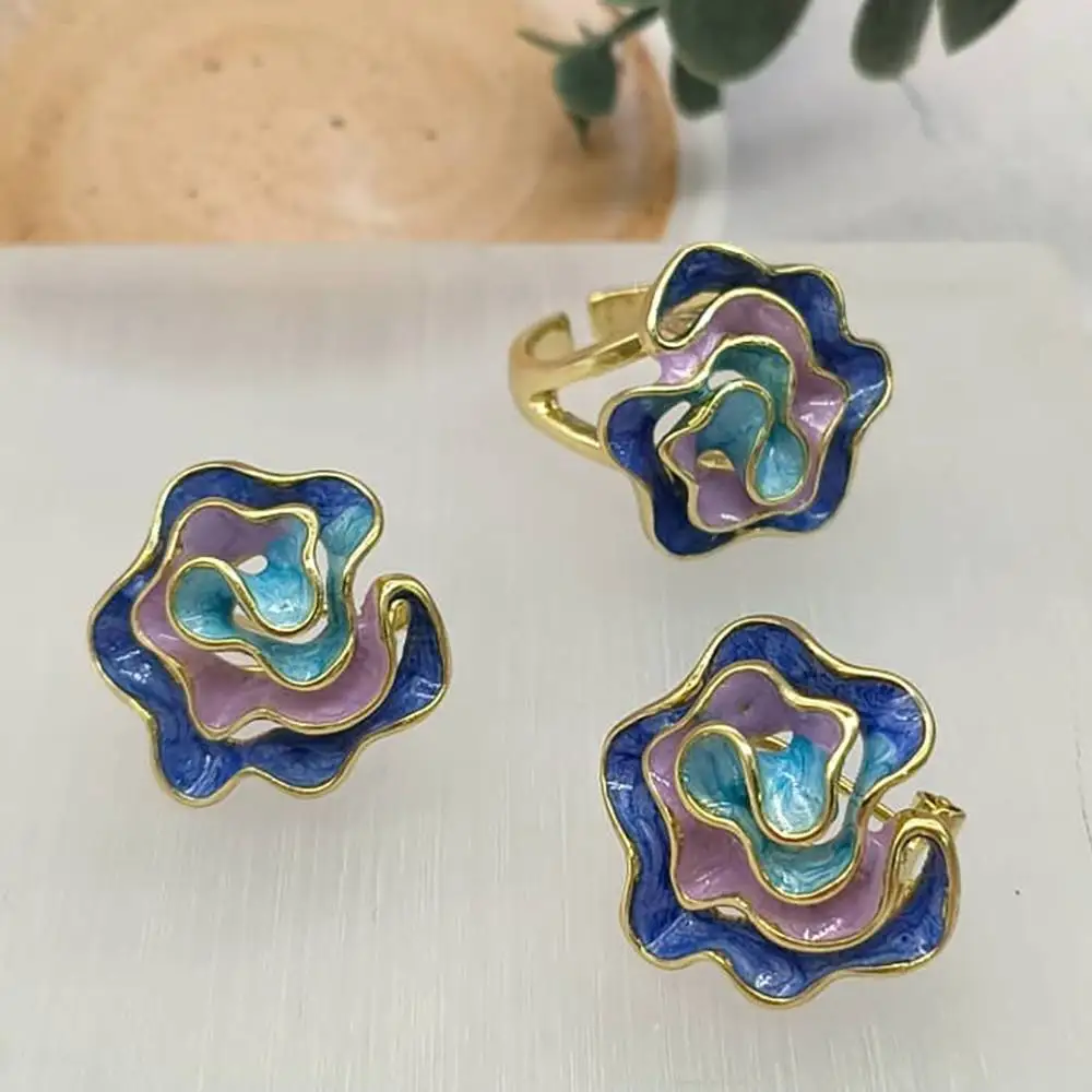 Farbige Emaille-Ring-Ohrringe 2-teiliges Set Dopamin Goldfarben Mode Damen Alltag Büro Freizeit Schmuck-Accessoires-Set