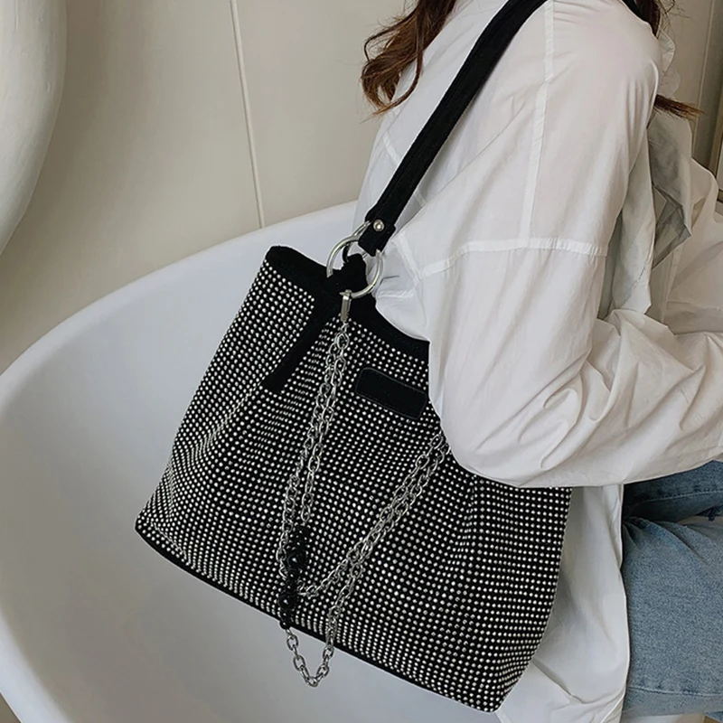 Women's Fashion Luxury Design Shopper Totes Large-Capacity pu Leather Rhinestones Shoulder Handbag Female Brand Top Handle Bags