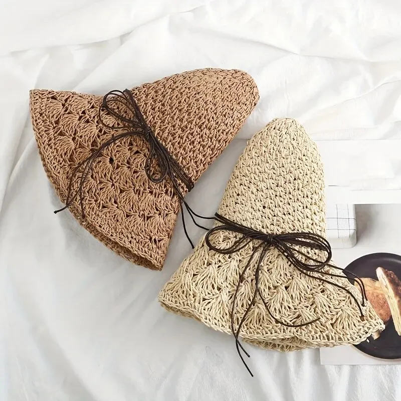 New Women Casual Travel Supply Sun Protection Beach Hat Raffia Straw Hat Bowknot Rope Decoration Straw Hat