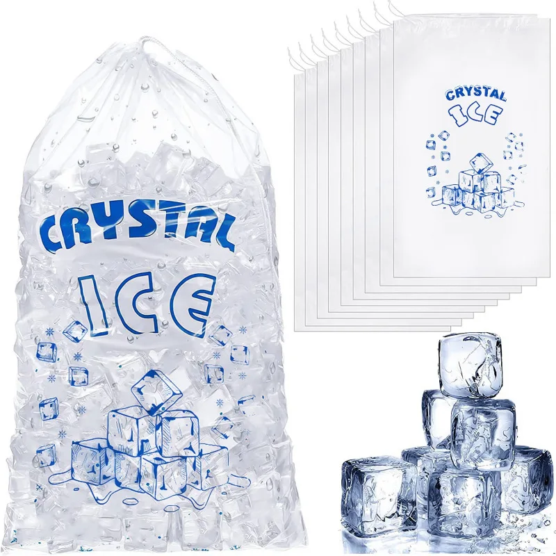 Top Disposable Corded Ice Bag 50pcs/pack 8/10 Pound Transparent Food Grade PE Drawstring Strap Mouth Ice Bag
