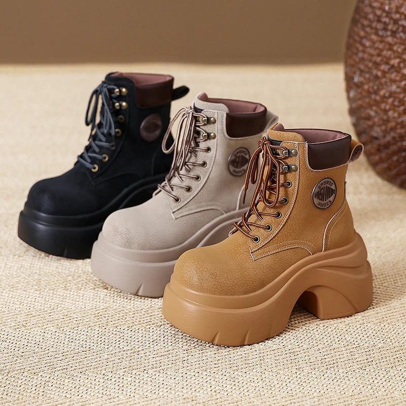 Aphixta Classic 9cm High Heels Woman Ankle Boots Lace Up Suede Platform Woman Shoes Chunky Heel High Quality Suede Lady Footwear