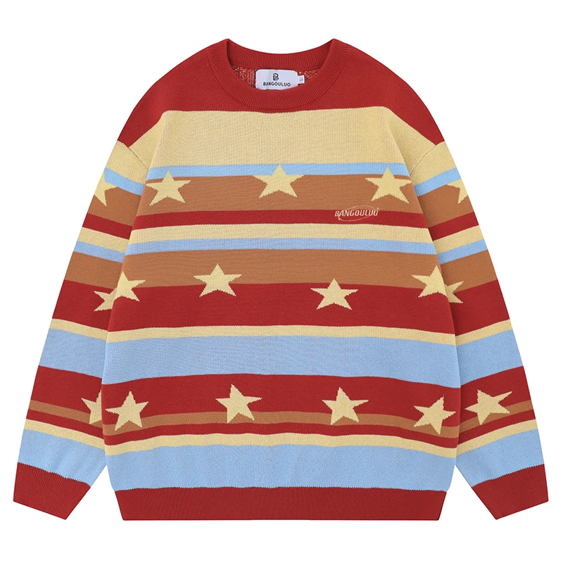 

Джемпер мужской трикотажный в стиле хип-хоп, жаккардовая одежда в полоску со звездами, уличная одежда в стиле Харадзюку, повседневные пуловеры, вязаная одежда на осень