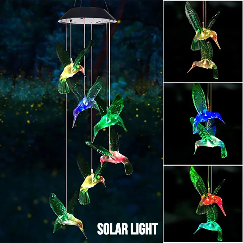 Hummingbird Wind Chime Solar Lights Outdoors Color Changing Night Lamps Christmas New Year Gift Courtyard Garden Lawn Decoration