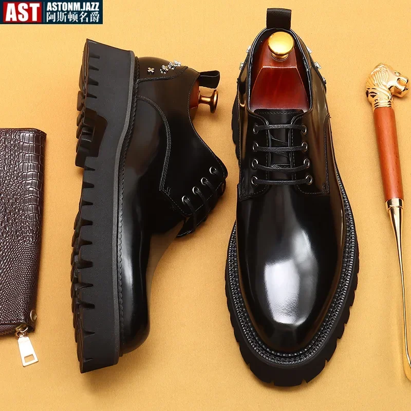 Men's Oxfords Genuine Leather Male Wedding Party Dress Shoes Round Head Lace-Up Office Suit Formal Derby