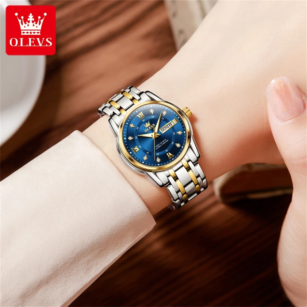 OLEVS Luxury Watch for Women Elegant Stainless Steel Women's Watches Dual Calendar Waterproof Luminous Ladies Dress Wristwatches