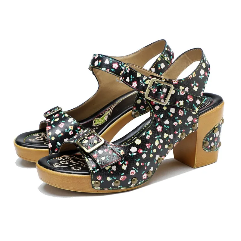

Sandals For Women Party Office Career Flower Buckle Strap Genuine Leather 7CM Square Plate Street Dress Sandals Shoes For Women