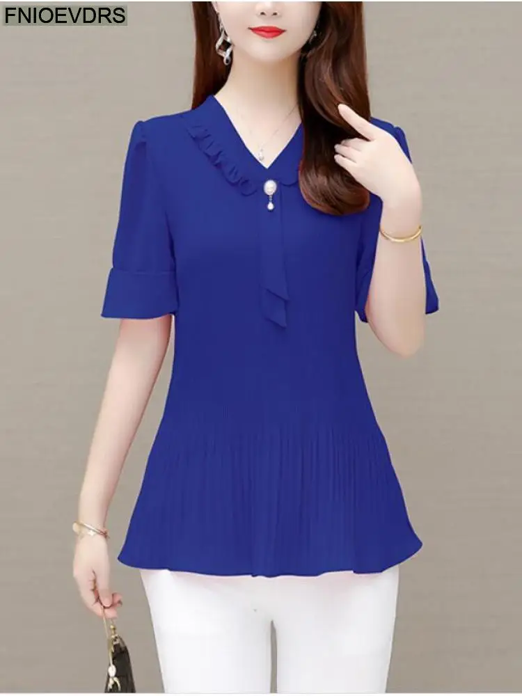 여자 2022 여름 레트로 빈티지 우아한 사무실 레이디 셔츠 캐주얼 느슨한 작업 리본 핑크 Peplum 탑스 블라우스 761