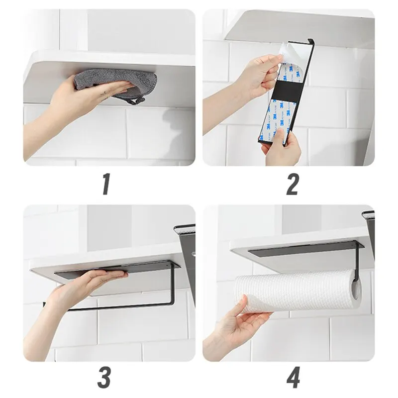 1pc Carbon Steel Paper Towel Holder No Punch Wall Mounted Storage Rack Household Paper Hanger Kitchen Bathroom Accessories