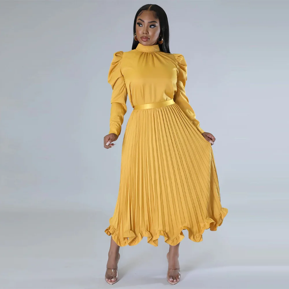 

Women Classy Elegant Two Pieces Set Bodycon Tops Long Sleeve Stand Collar Long Pleated Skirts Side Ruffles Party Event Dress New