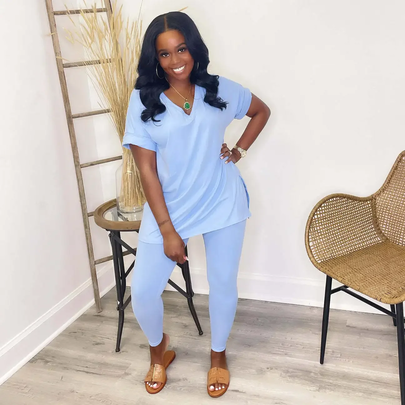 Solid V Neck Casual Loose Long Pant Set 2024 Summer 2 Two Pcs Sets Casual Tracksuits Street Outfits -- Color : Ivory - Size : XL