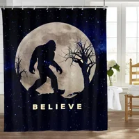 Funny Bigfoot Sasquatch Shower Curtain, Full Moon Starry Sky Bathroom Curtains Set Waterproof Polyester Bathtub Bathroom Decor 1