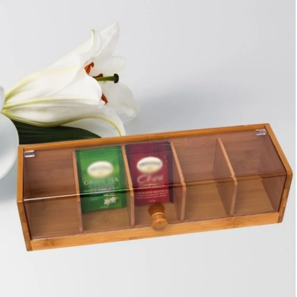 Description Picture 5 of item5 Slots Tea Bag Storage Organizer Bamboo Space Saving Coffee Capsule Storage Box Transparent Handmade Desktop Sundries Organizer