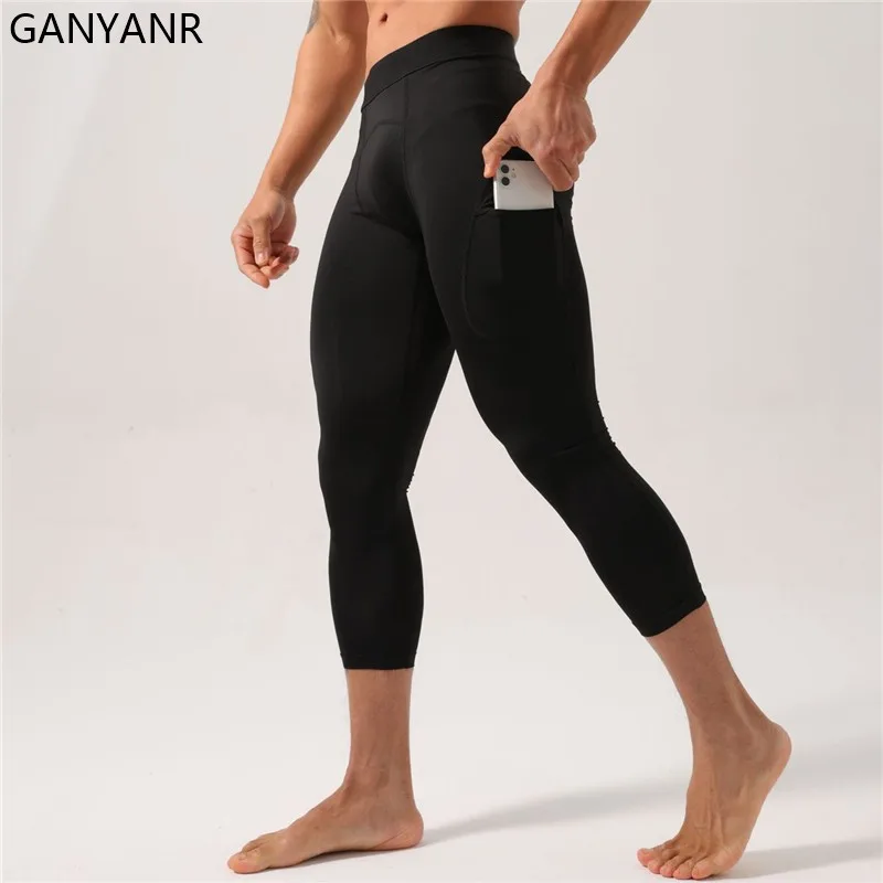 GANYANR Running Tights Men With Pockets Compression Leggings Gym Fitness Football basketball Soccer Sportswear Pants trousers