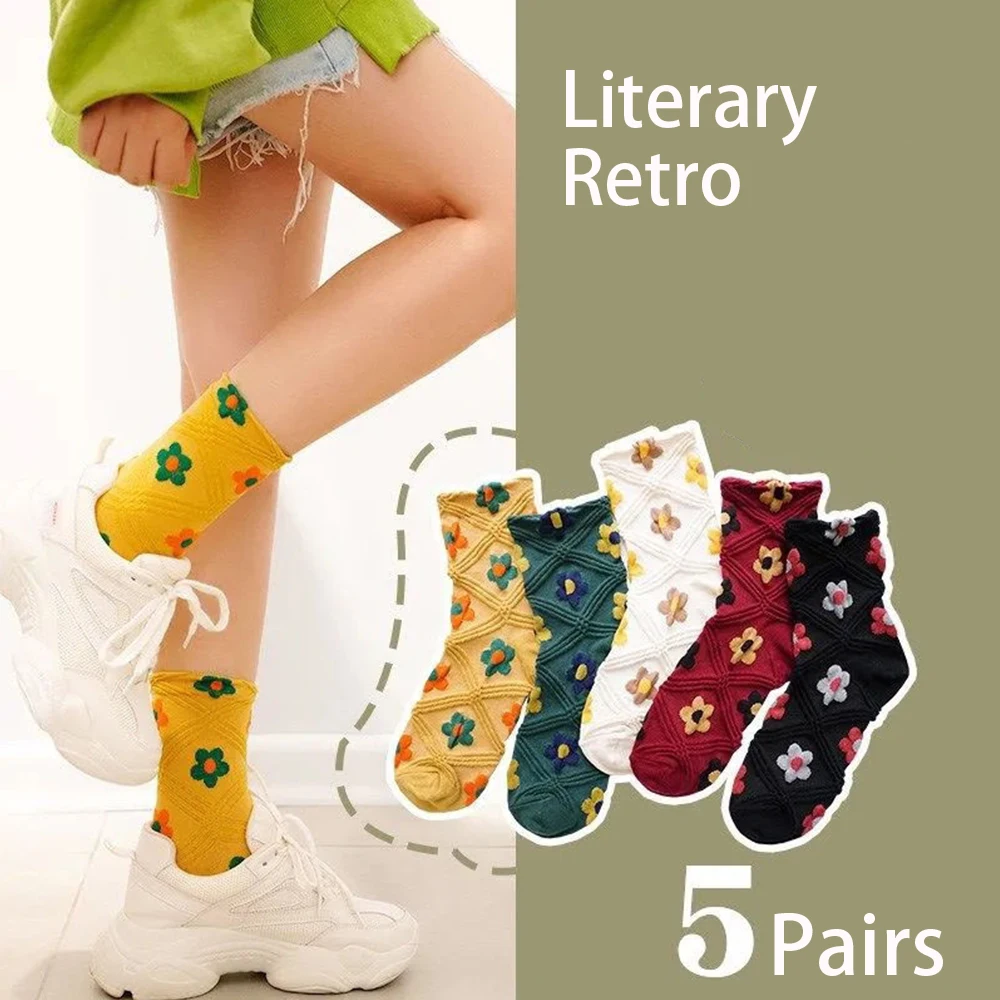 3Pairs Literature Retro Flowers Autumn Winter Cotton Harajuku Tube Sock Casual Warm Women Streetwear Cute Funny Happy Ankle Sock