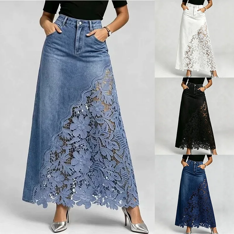 Women Denim Maxi Skirts High Waist Lace Stitching Jean Long Skirt Ladies Summer Spring Autumn Fashions