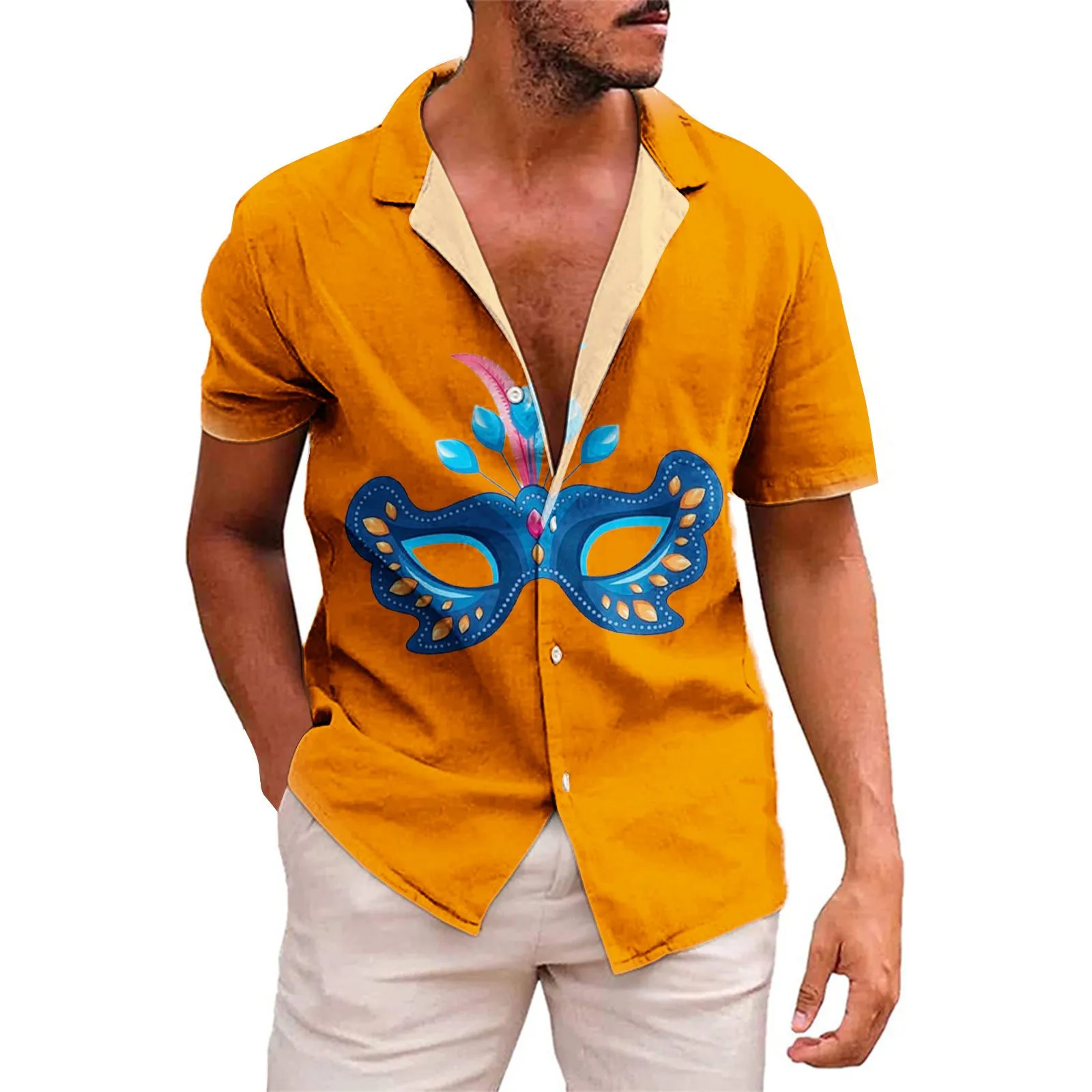 

Men's shirt Short-Sleeve Blouses Spring-Summer Shirts Carnival tops Single-Breasted Mask print Men Handsome luxury camisas