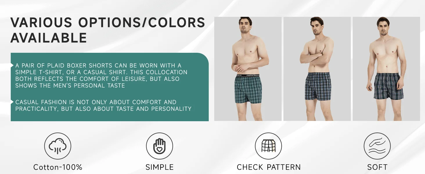 JupiterSecret 6/12 Stück Herren-Boxershorts aus 100 % Baumwolle, zufälliger Stil, lässige karierte Boxershorts mit elastischem Bund und Knöpfen – Detail 2