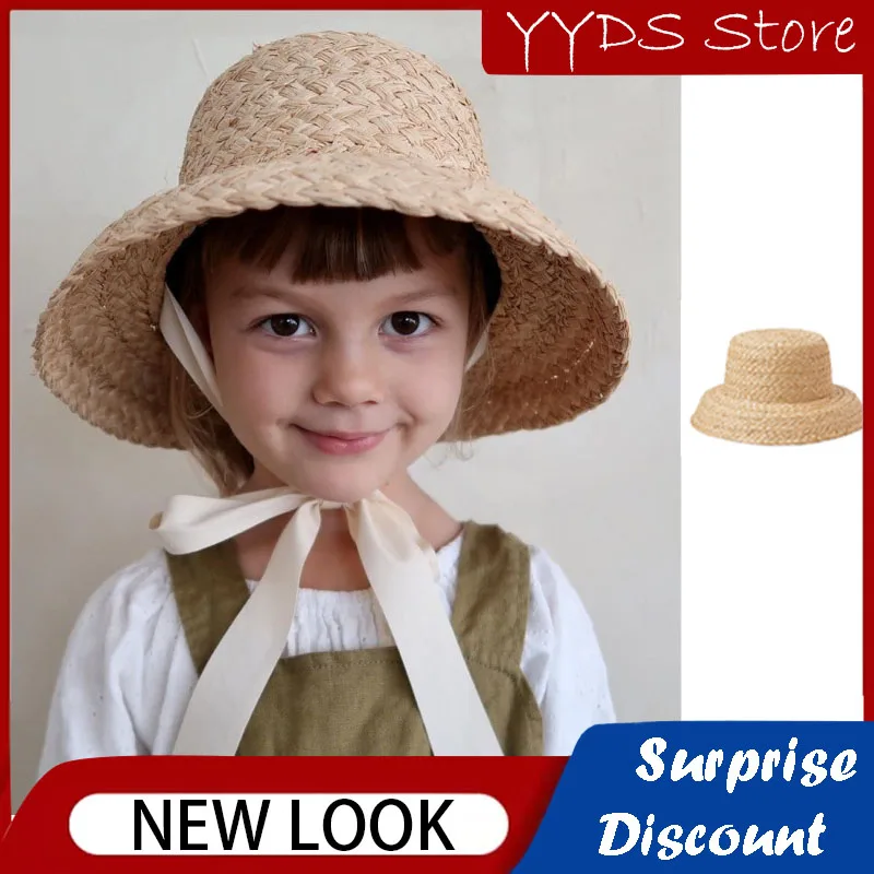 Ins Children's Raffia Straw Hat French Niche Retro Flat Top Lower Folded Brim Children's Straw Hat Hepburn Wind Straw Sun Hat