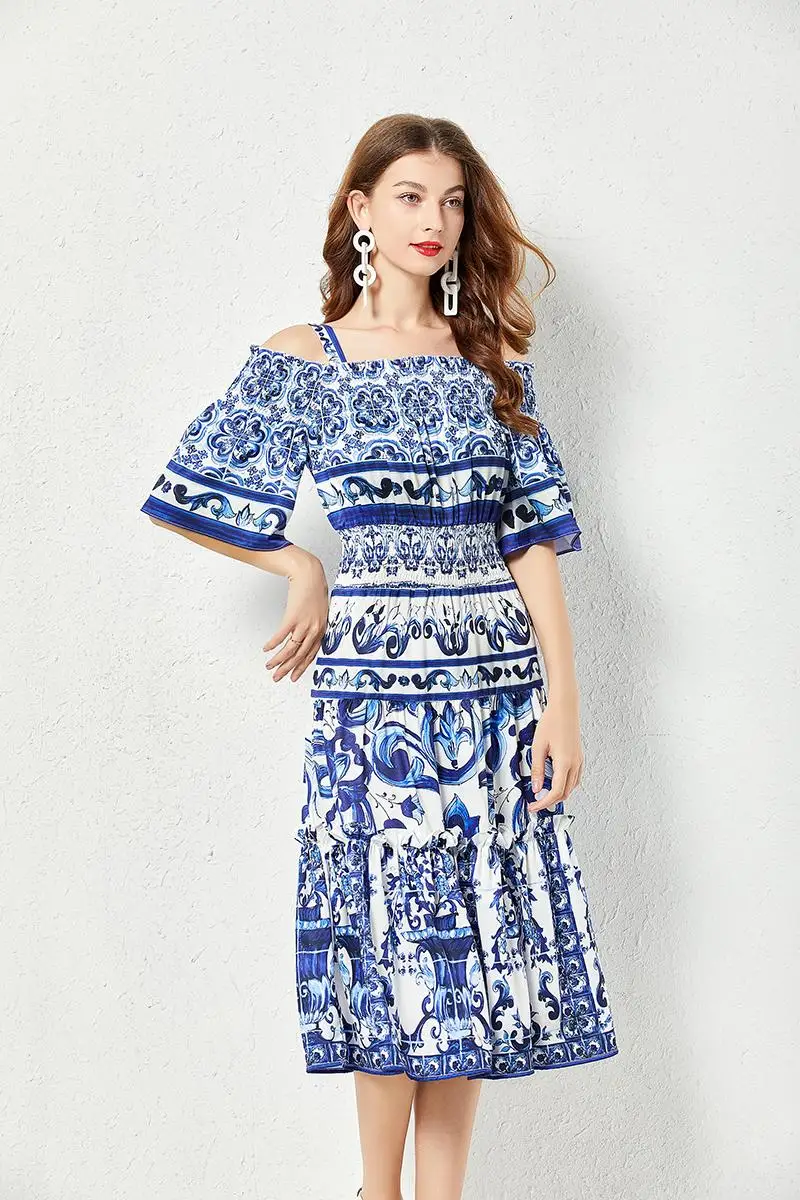 Summer Fashion Runway Midi Dress Women's Cool Shoulder Flare Sleeve Blue and White Porcelain Printing Holiday Beach Vestidos