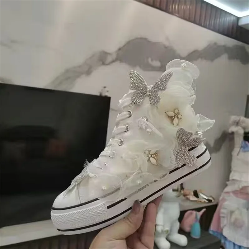 

Lace butterfly decoration handmade custom canvas shoes rhinestones thick soles inside elevating casual shoes for women 36-40