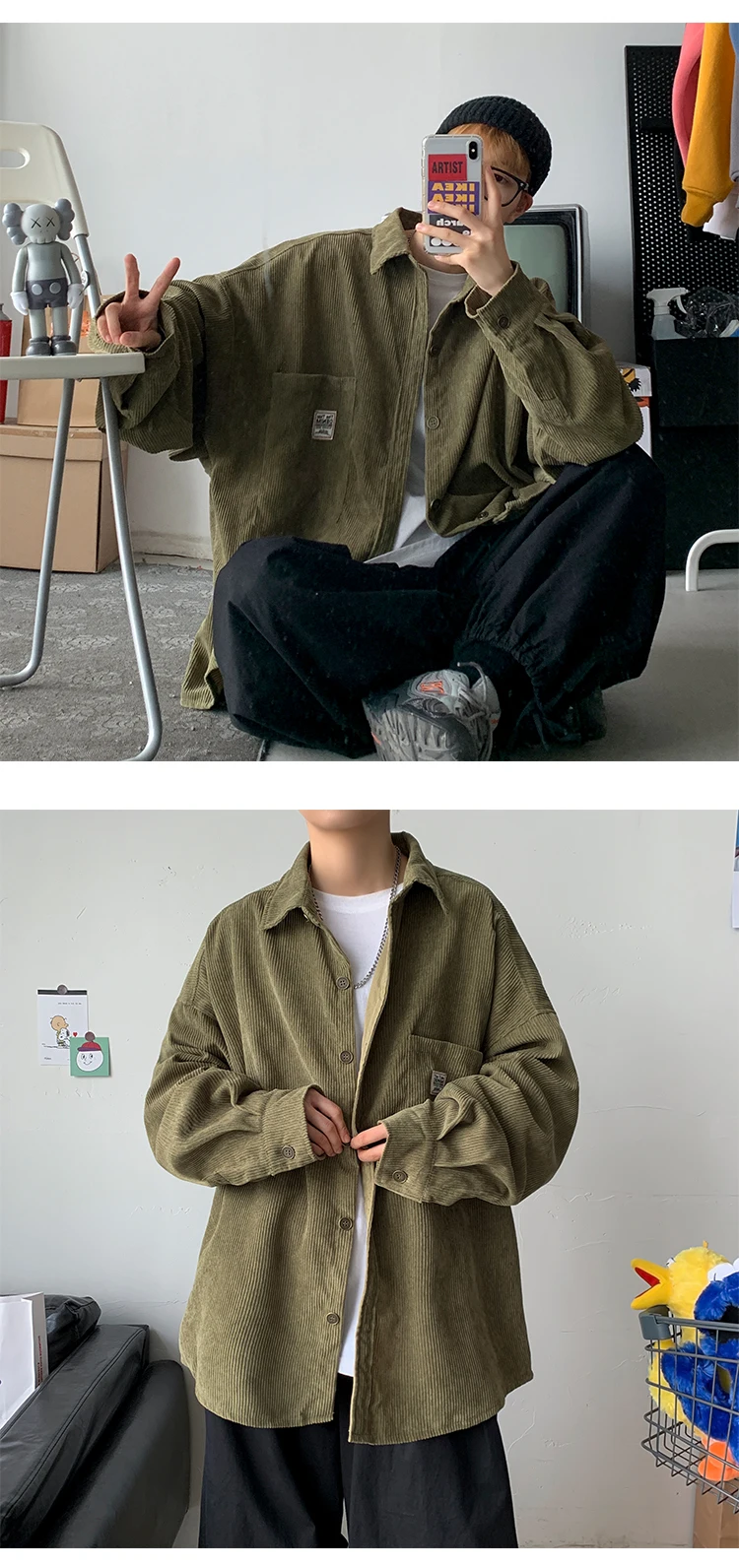 2026 Neue Herren-Cordhemden Lässige Mode Einfarbig Herbst Locker Sitzende Streetwear-Hemden für Männer Japanischer Vintage-Stil Bluse – Detail 11