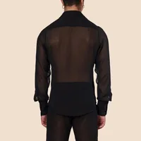 Vêtements pour hommes maille voir à travers maille Sexy chemise à manches longues couleur unie boutonné Vintage Streetwear rétro hauts de fête S-3XL 2