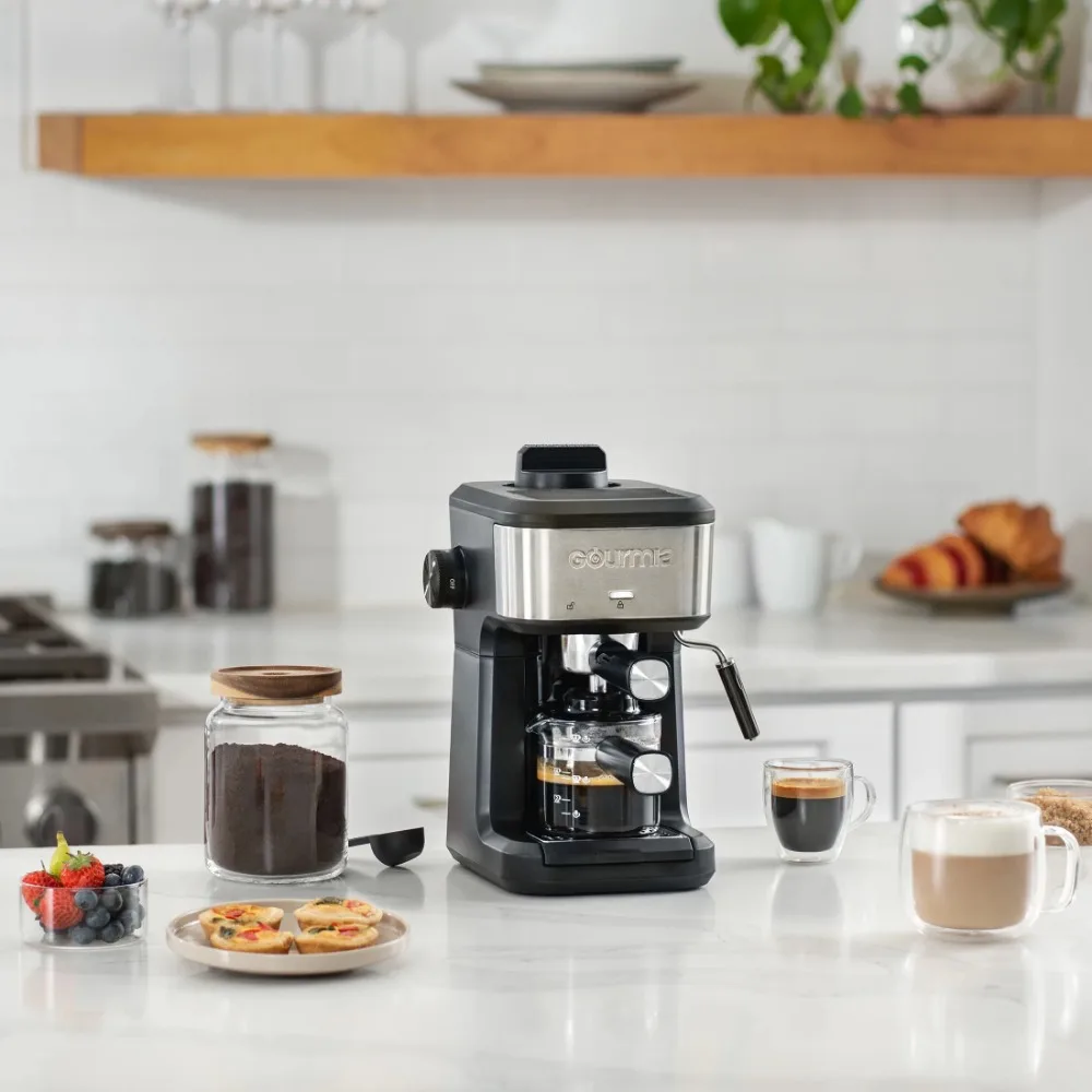 4-Shot Steam Espresso, Cappuccino, and Latte Maker with Frothing Wand, Black, New 2