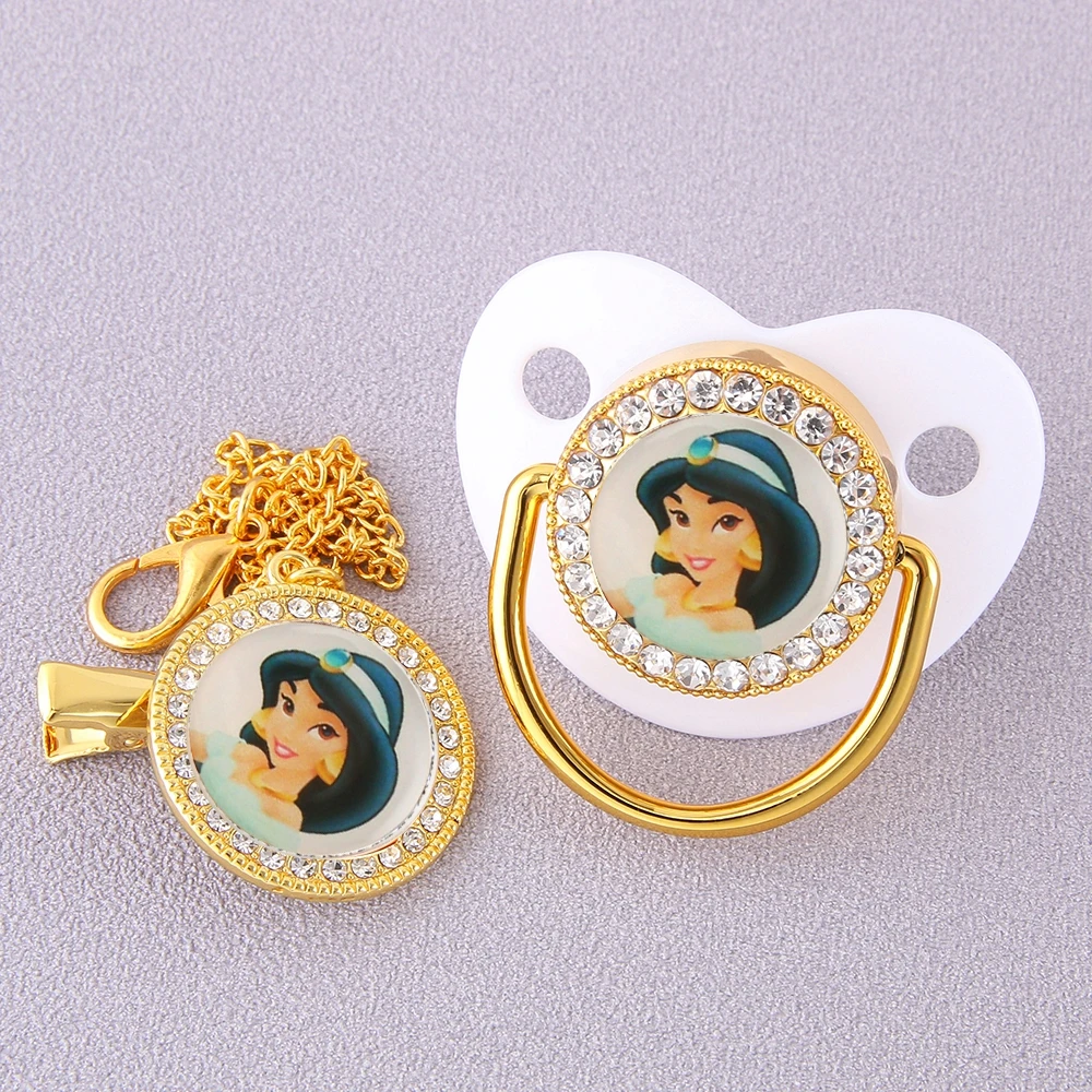 Disney Princess Jasmine Baby Pacifier with Chain Clip BPA Free Bling Dummy Soother Chupeta 0-18 Months