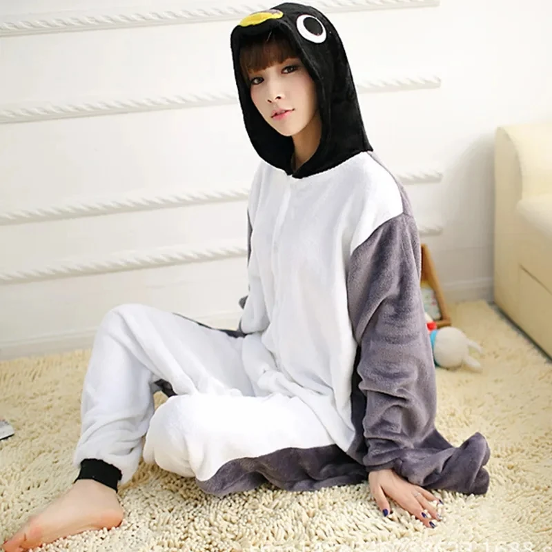 Adult Anime Kigurumi Onesie Funny Grey Penguin Costume Pajamas For Women Men Unisex Flannel Warm Soft Animal Onepieces Sleepwear